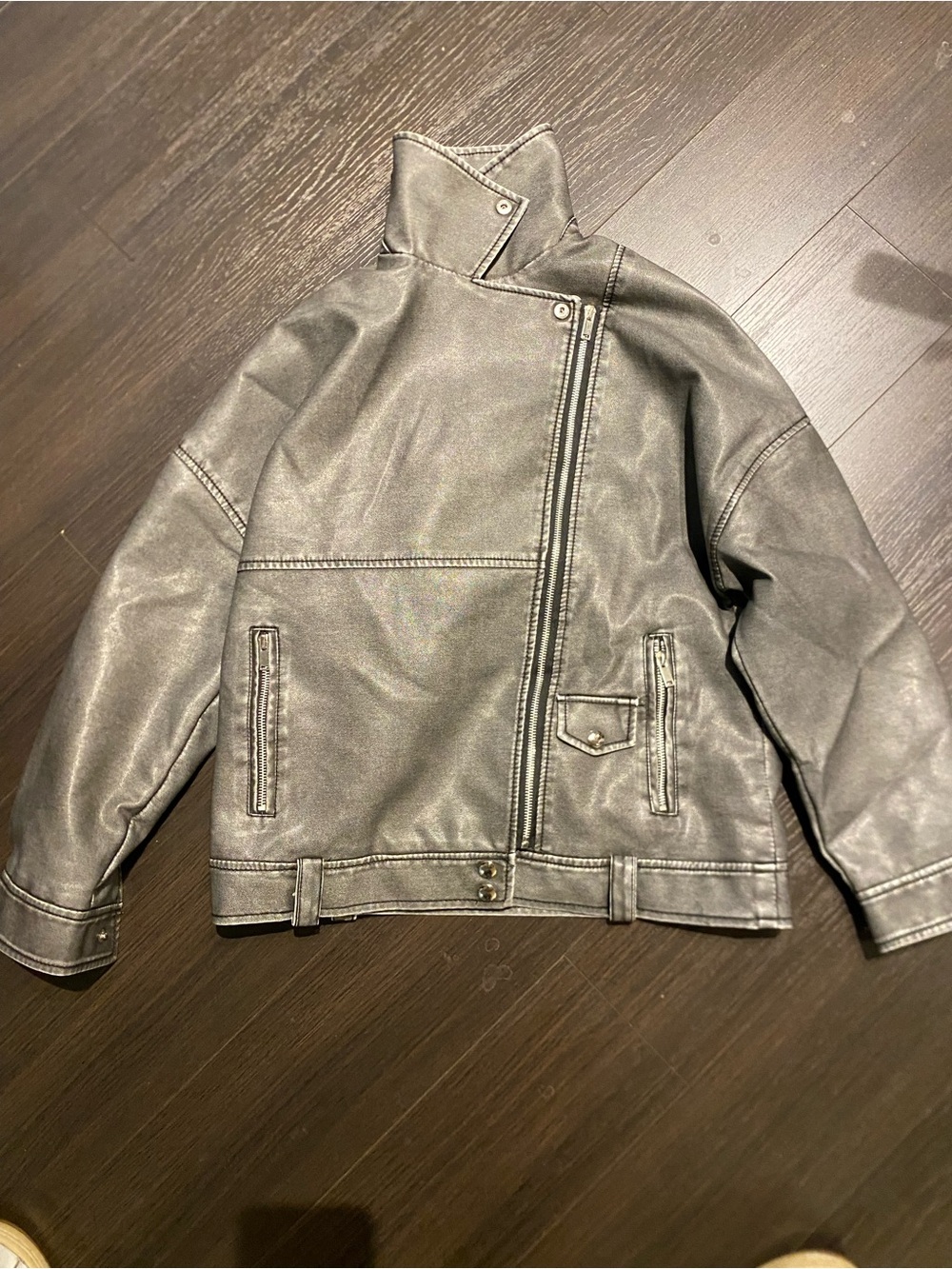 Women's Shein Small Gray Faux Leather Jacket Bomber Cropped Motorcycle Zip Up